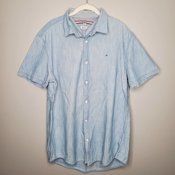 Tommy Hilfiger button up men's size XL New York fit blue short‎ sleeve - Picture 1 of 7
